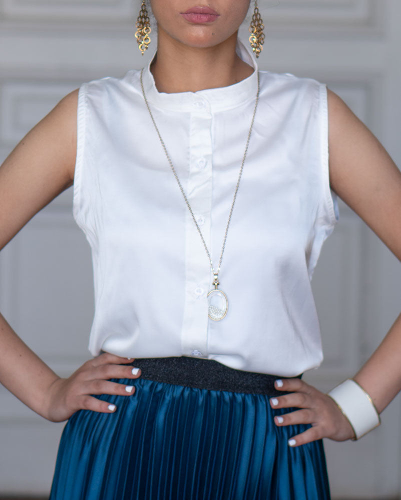 Sleeveless Satin Blouse in White
