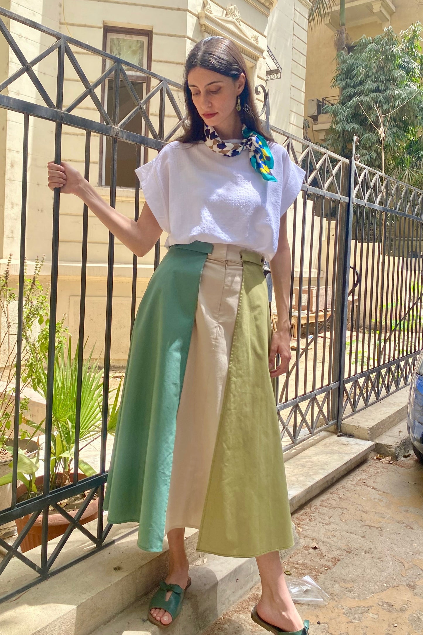 Mint-Olive Midi Skirt