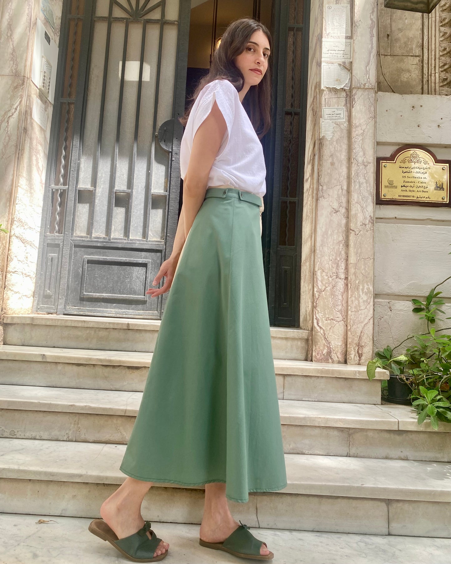 Mint-Olive Midi Skirt