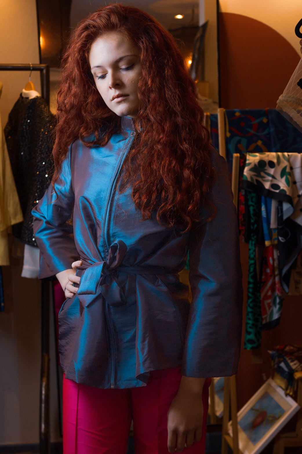 Rose-Blue Taffeta Kimono