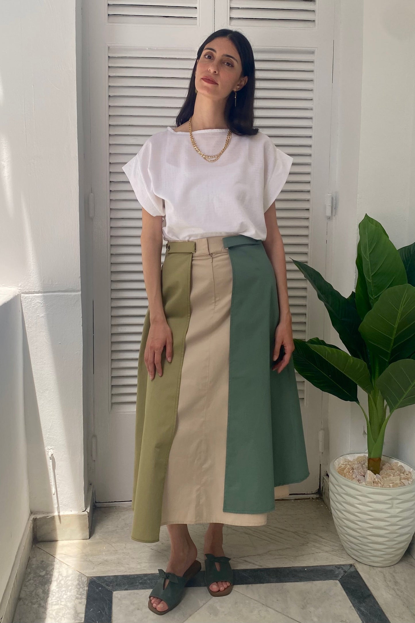 Mint-Olive Midi Skirt
