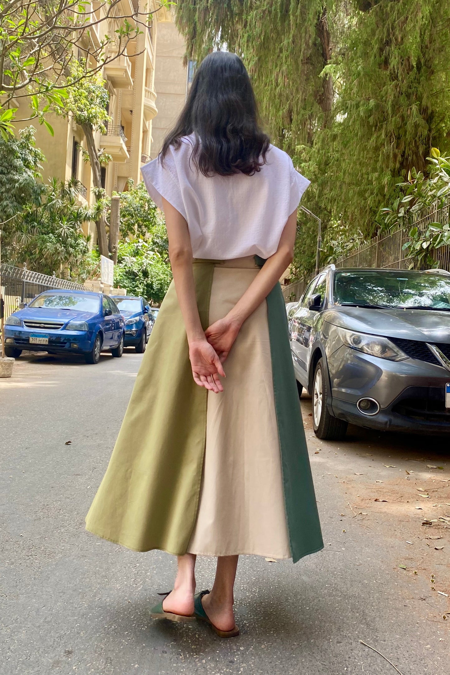 Mint-Olive Midi Skirt