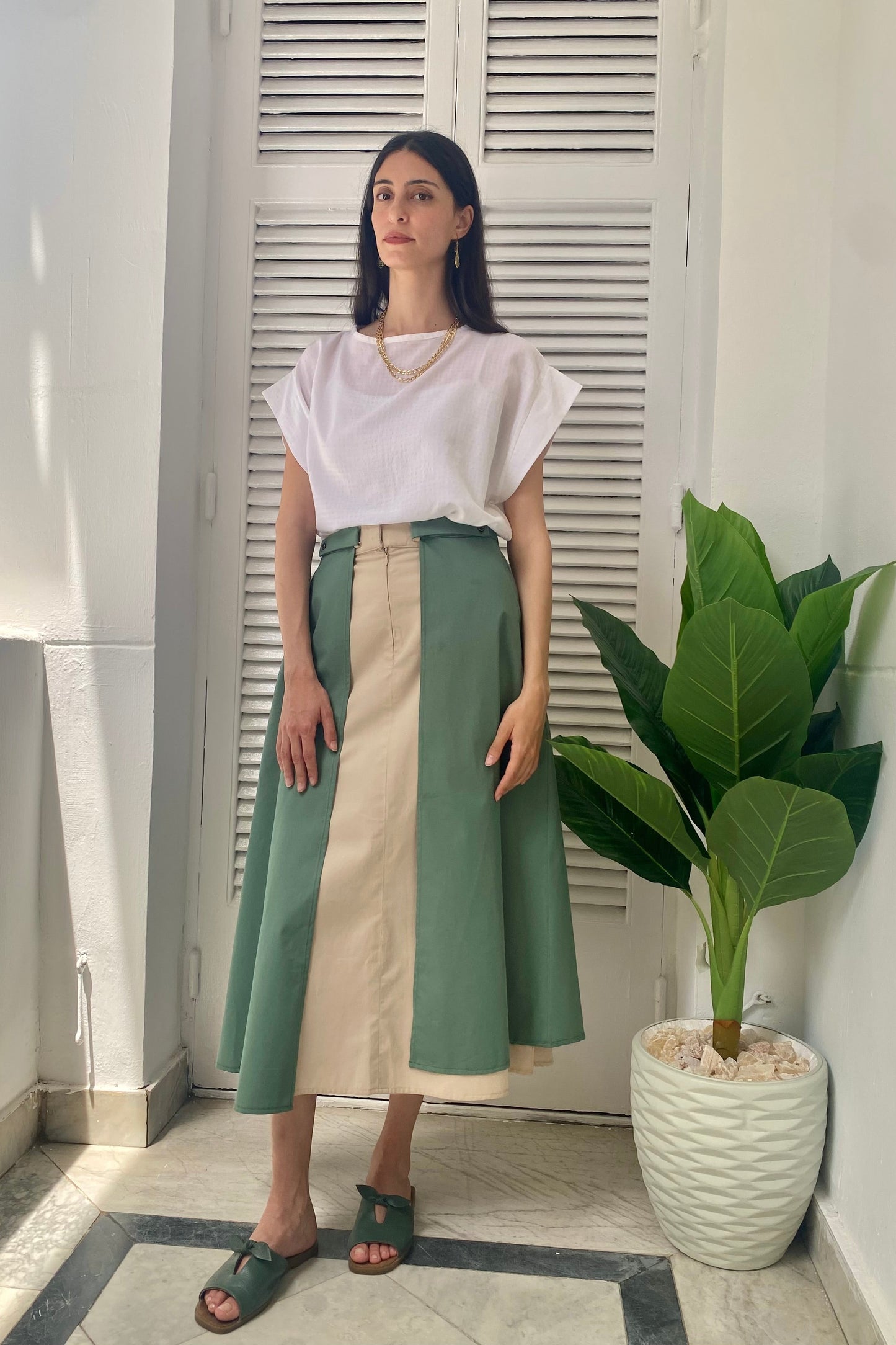 Mint-Olive Midi Skirt