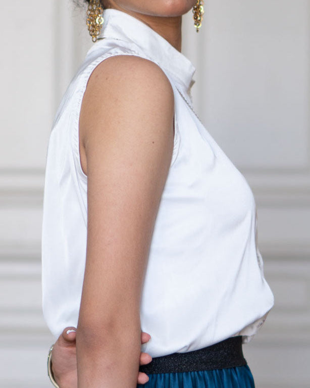 Sleeveless Satin Blouse in White