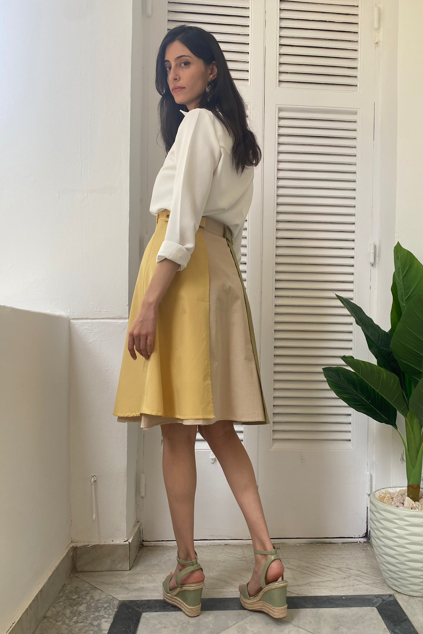 Olive-Butter Paneled Skirt