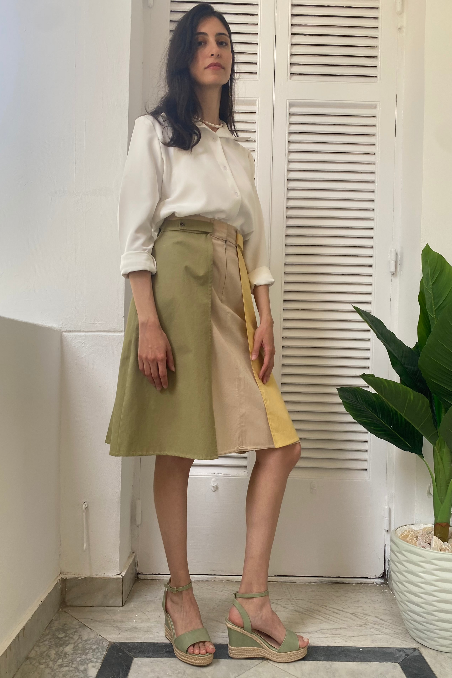 Olive-Butter Paneled Skirt