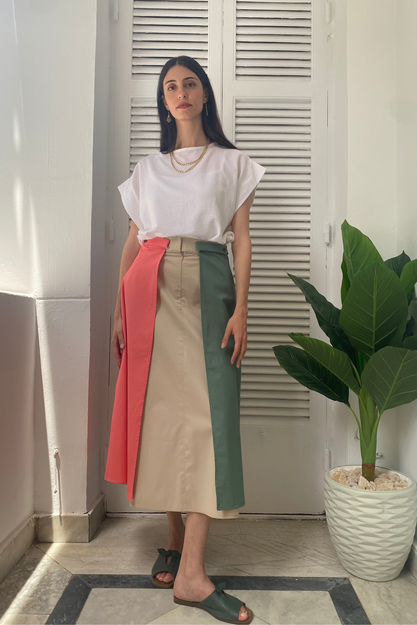 Coral-Mint Midi Skirt