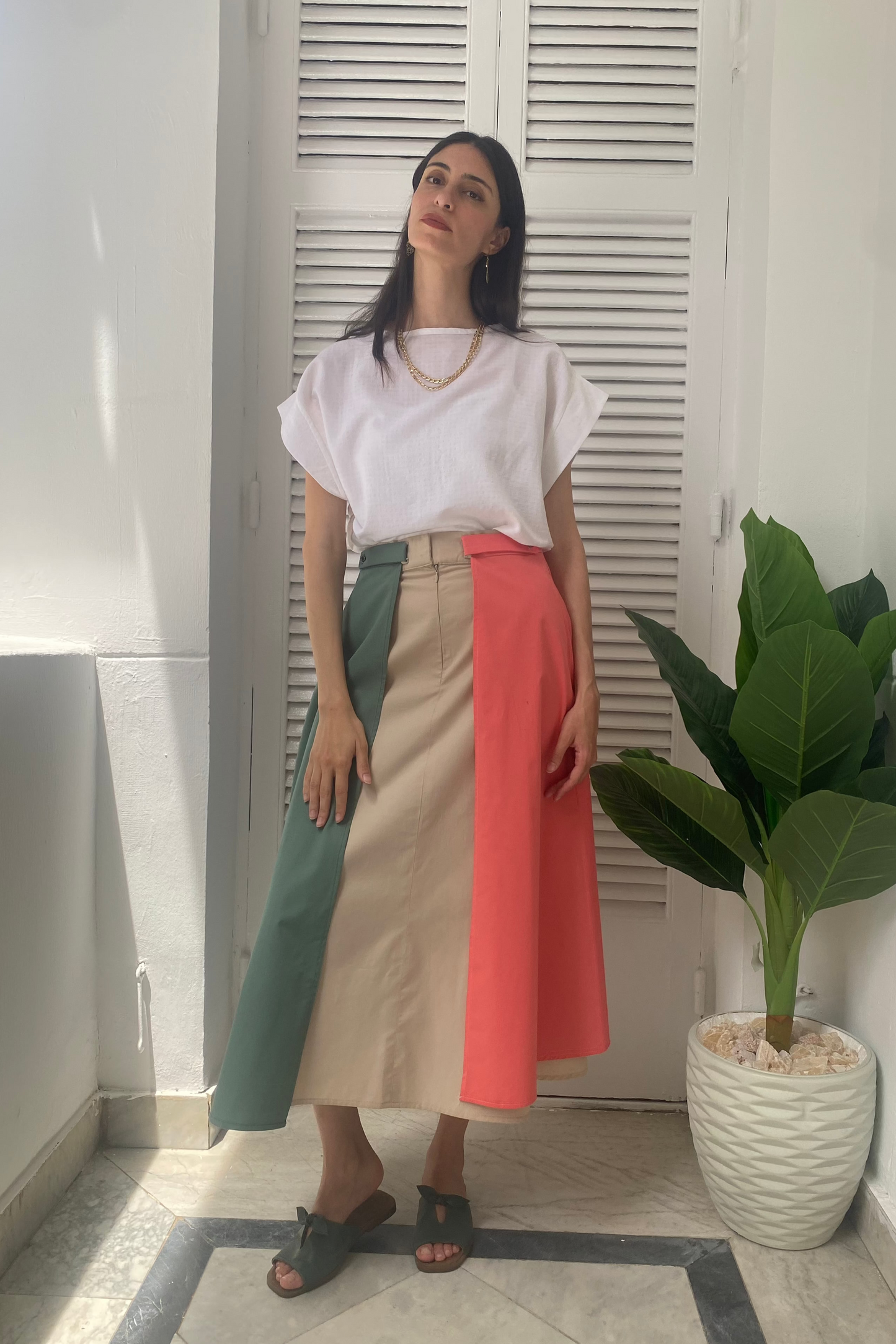 Coral-Mint Midi Skirt