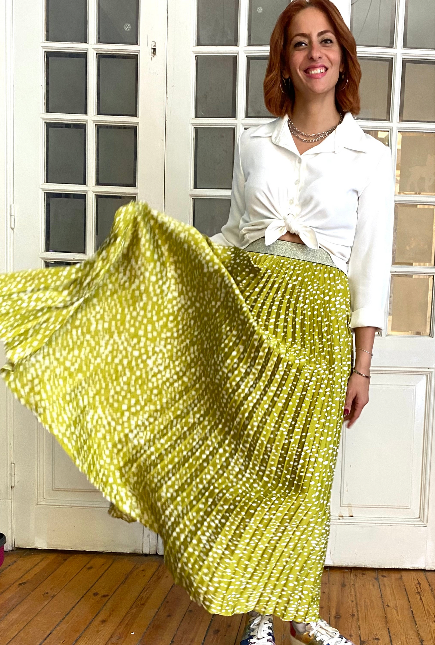 Lime Satin Pleated Skirt