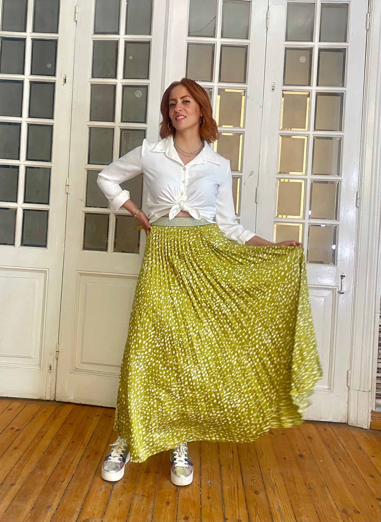 Lime Satin Pleated Skirt