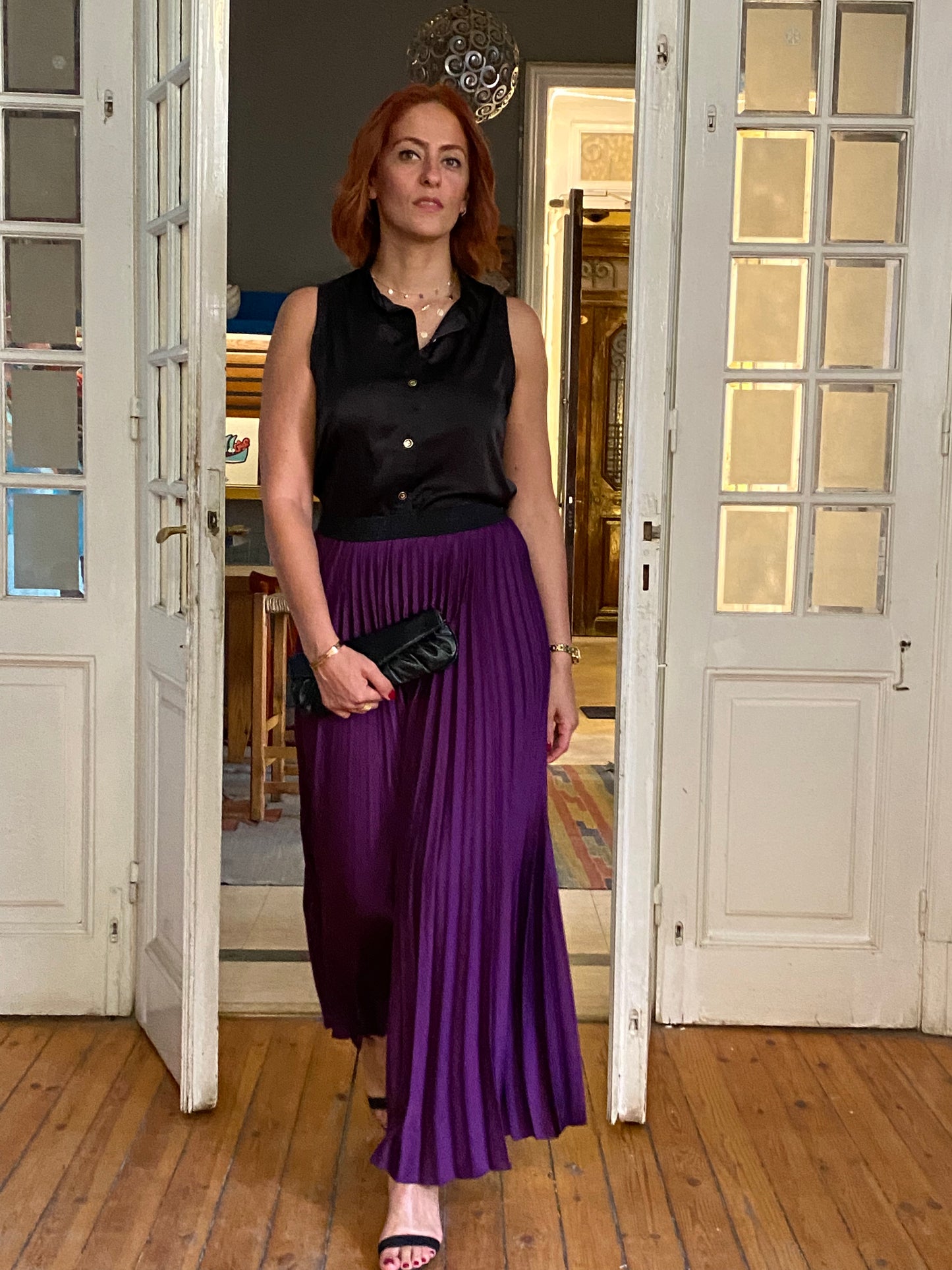 Purple Satin Pleated Skirt