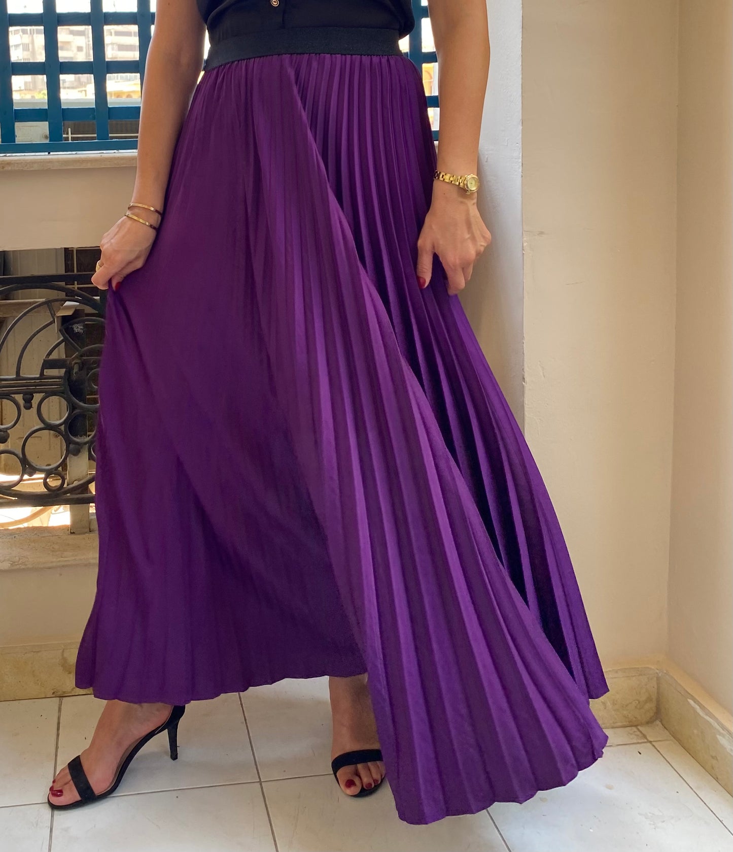 Purple Satin Pleated Skirt