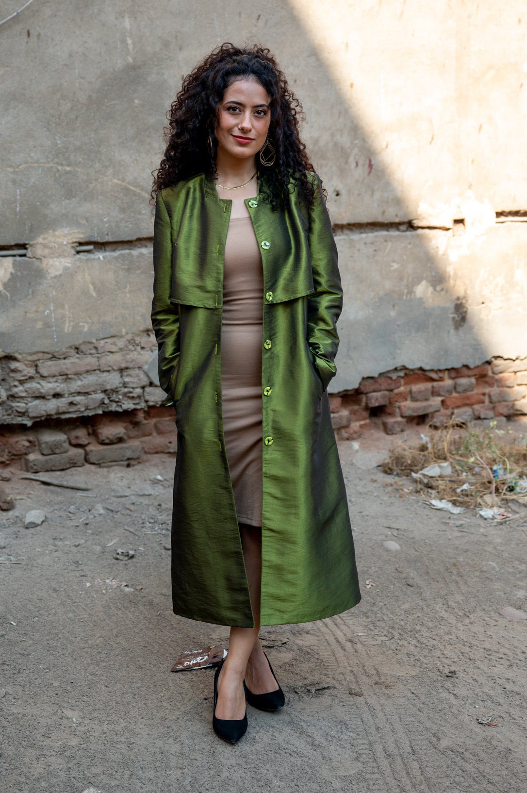 Olive Silk Trench Coat