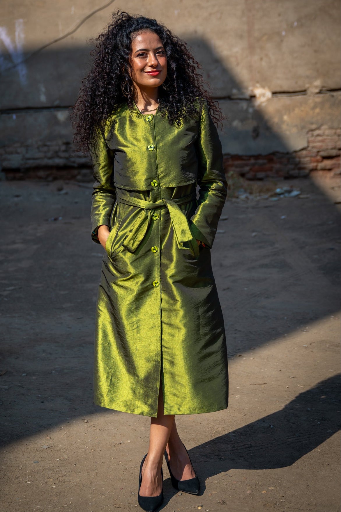 Olive Silk Trench Coat