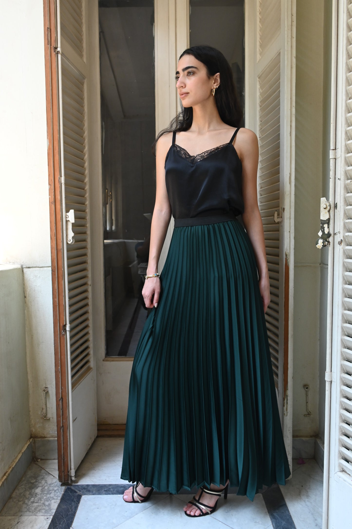 Forest Green Satin Pleated Skirt Rommanah Forest Green Satin Pleated Skirt Rommanah