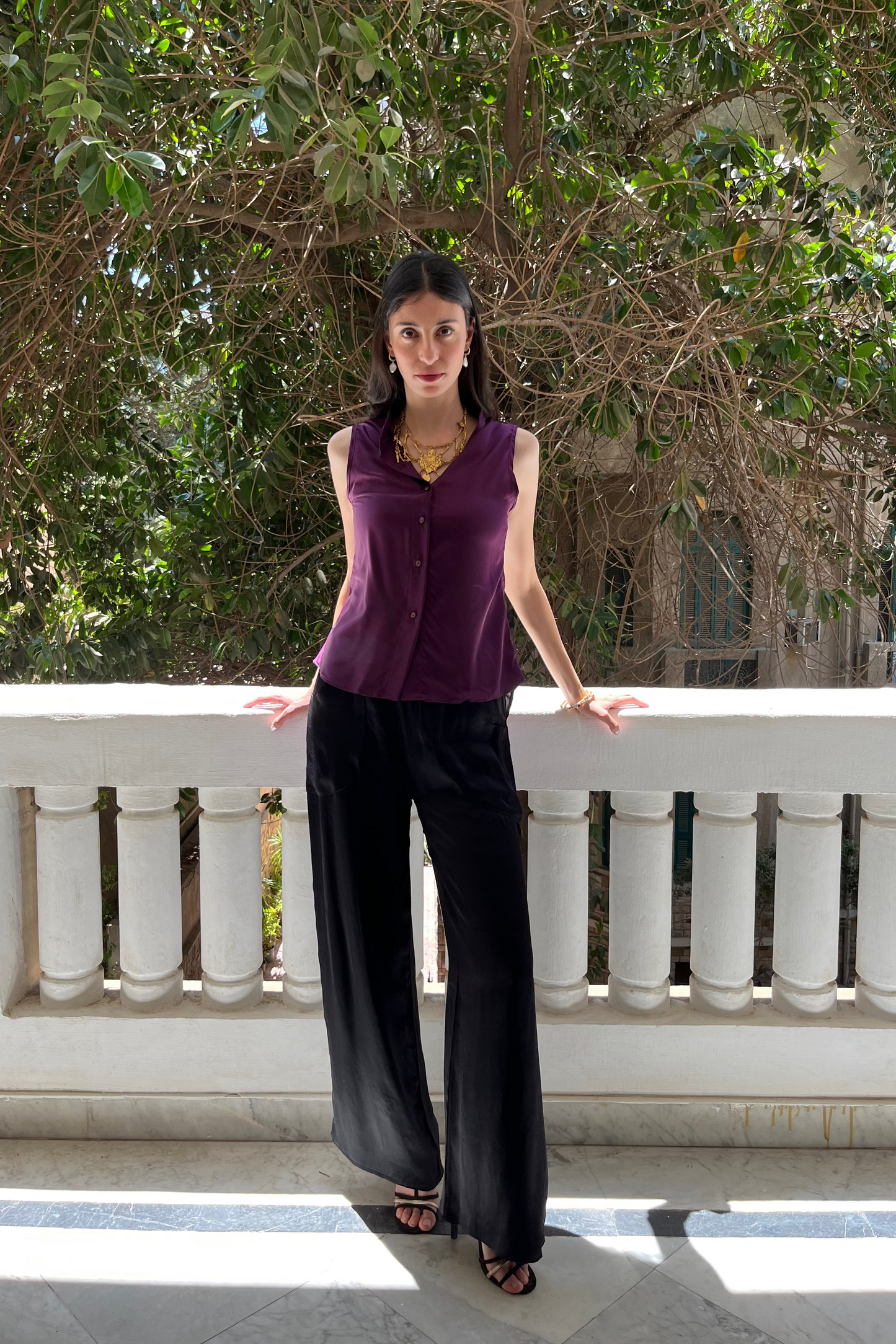 Sleeveless Satin Blouse in Purple