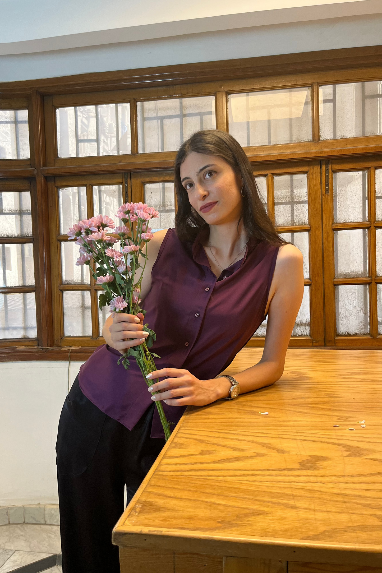 Sleeveless Satin Blouse in Purple