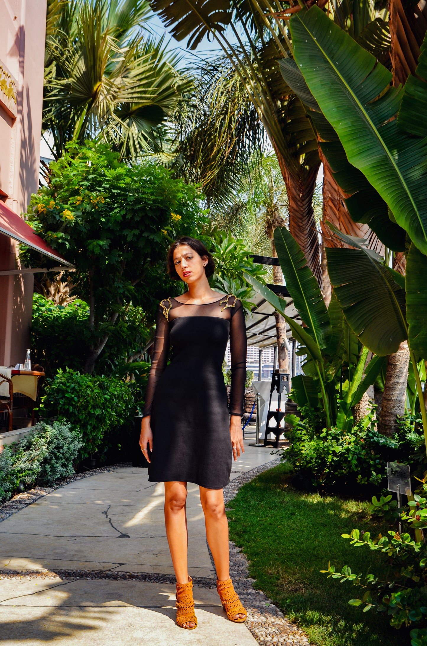 Little Black Dress with embroidered tulle sleeves