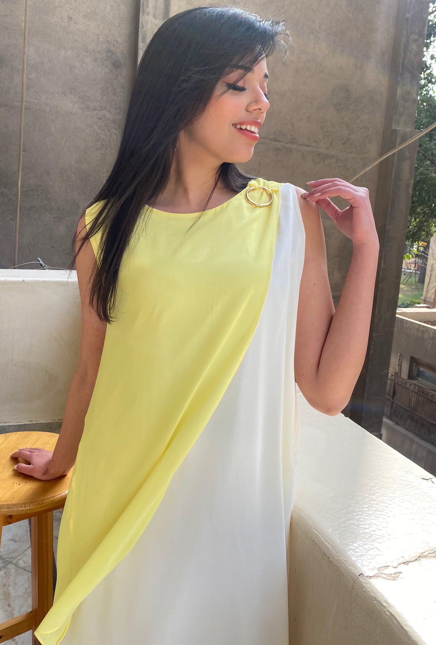 Yellow and white short chiffon dress