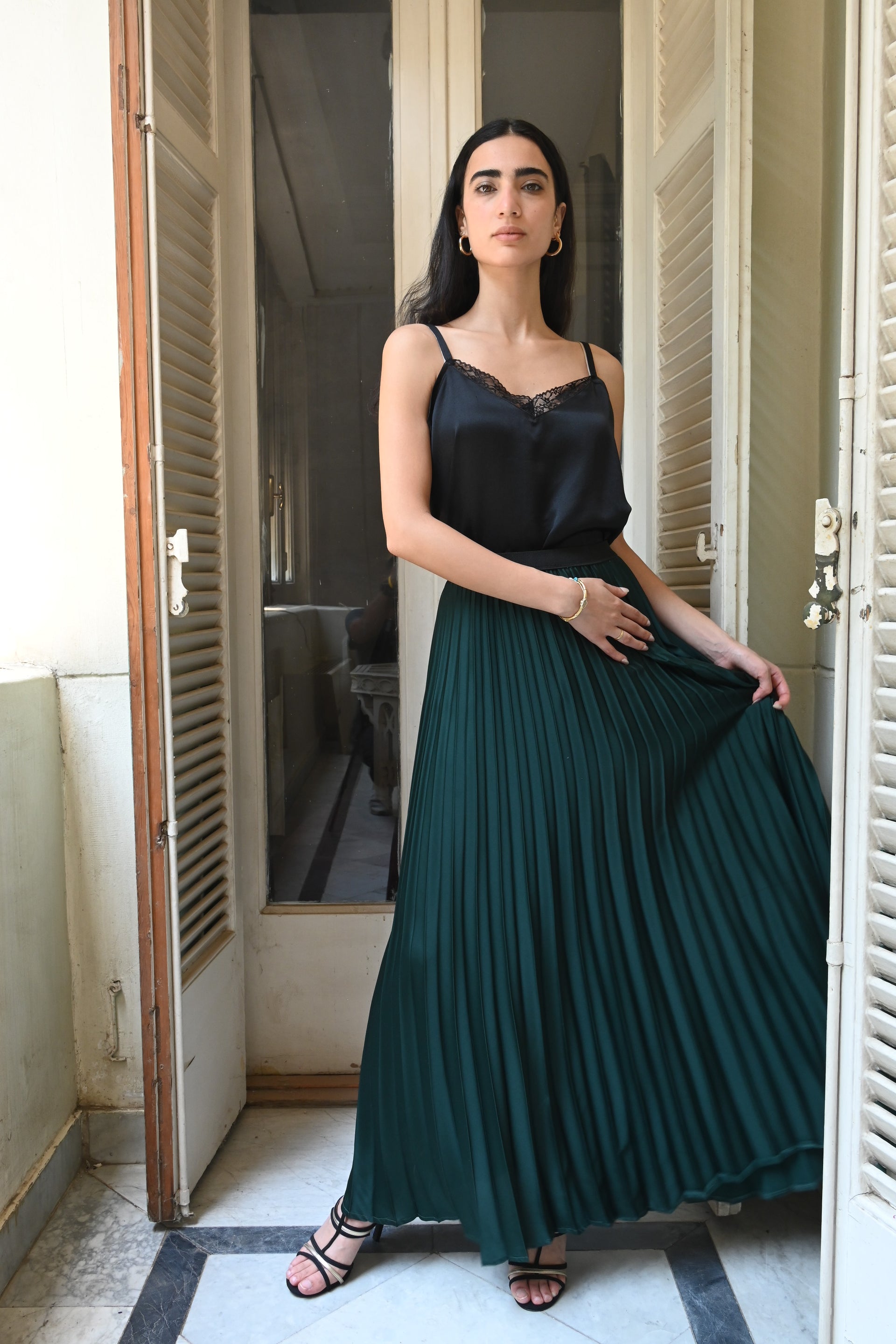Forest Green Satin Pleated Skirt – Rommanah
